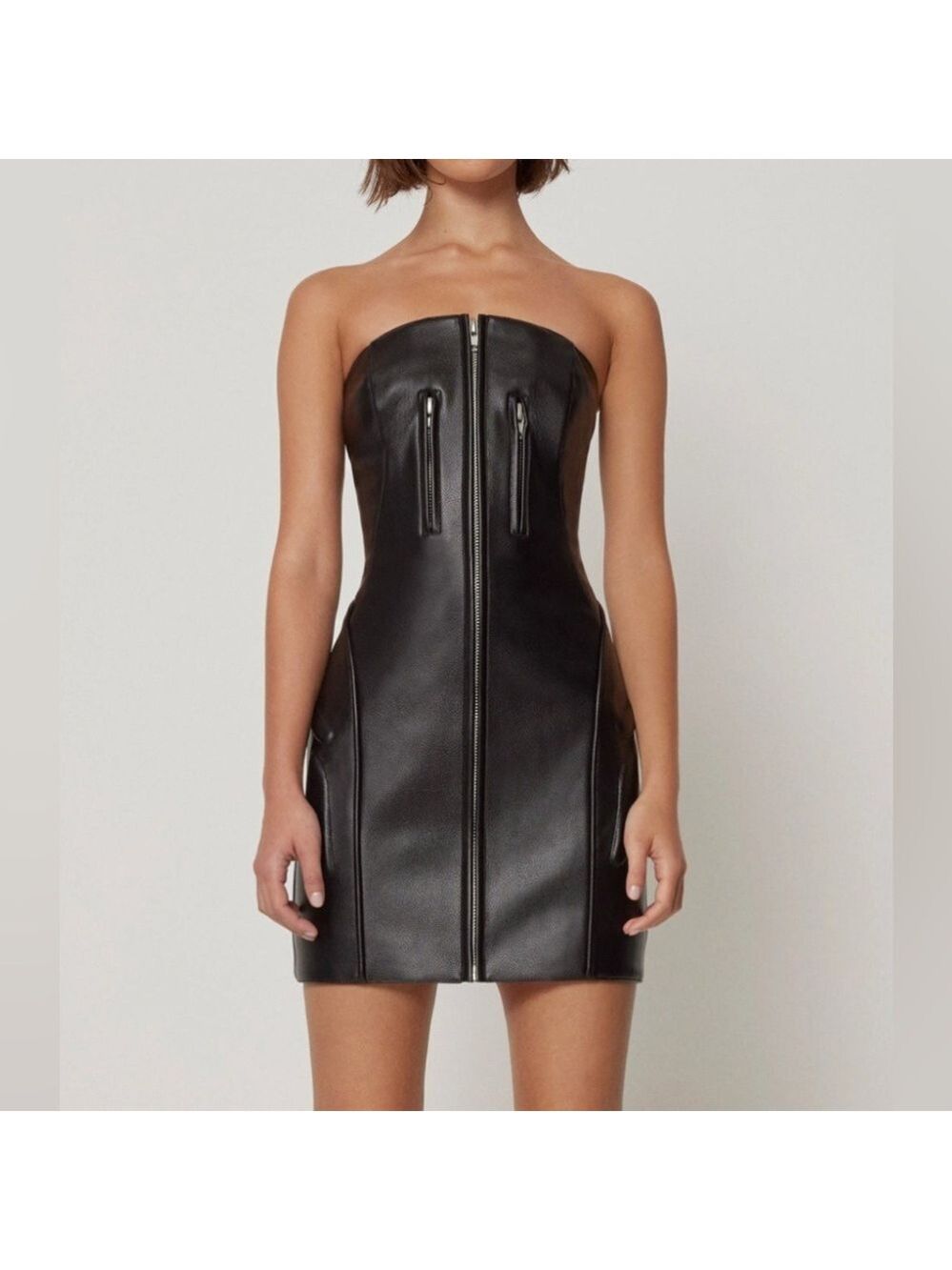 NWT KHY x Namilia Faux Leather Strapless Mini Dress Zip Front SZ S Black